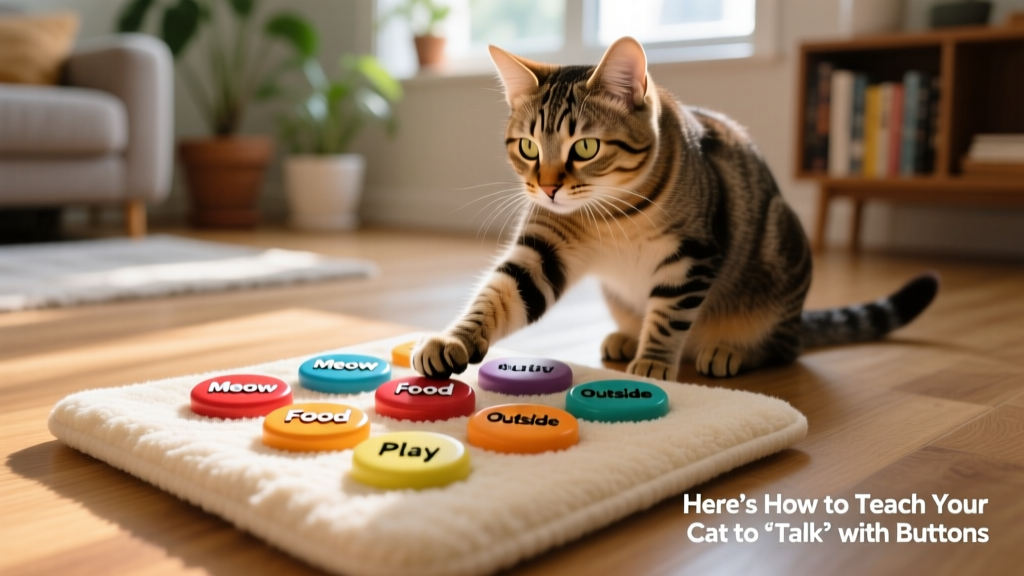 A curious cat gently pawing at a set of colorful round buttons arranged on a soft mat