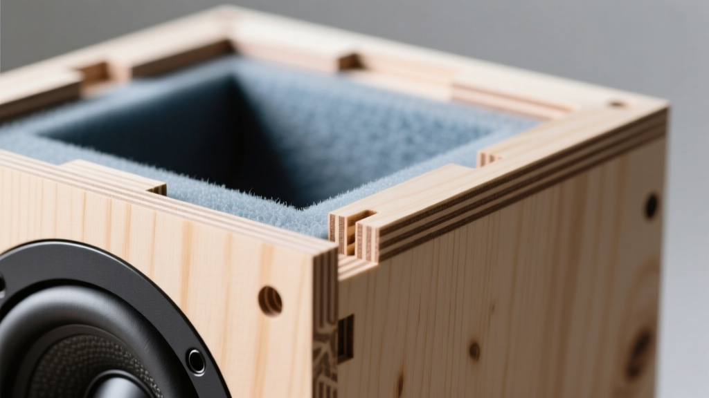 Close-up of CNC machined Baltic birch plywood speaker enclosure panels with precise dado joints and acoustic damping foam applied