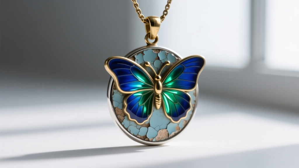 Macro photo of peeling cold resin enamel on a brass butterfly pendant beside flawless fired glass enamel on sterling silver.
