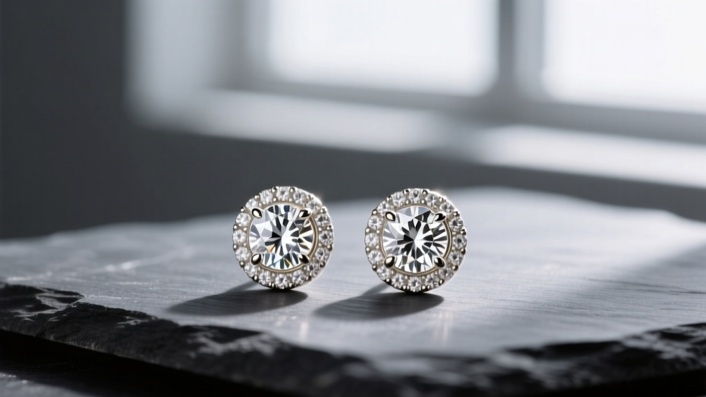 Macro shot of 14k white gold halo stud earrings with a lab-grown diamond center and micro-pavé halo, resting on dark slate