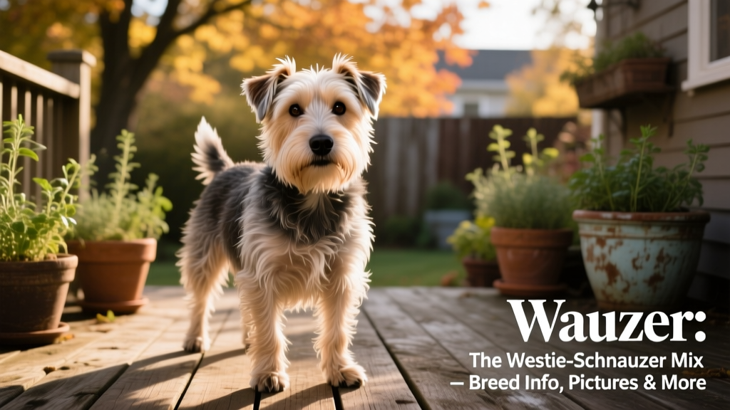An adult Wauzer standing confidently on a wooden deck, showcasing its well-groomed wiry coat and intelligent gaze
