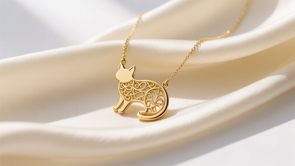 Delicate 14k gold cat silhouette necklace resting on a cream silk scarf, soft morning light, minimalist aesthetic, top-down view.