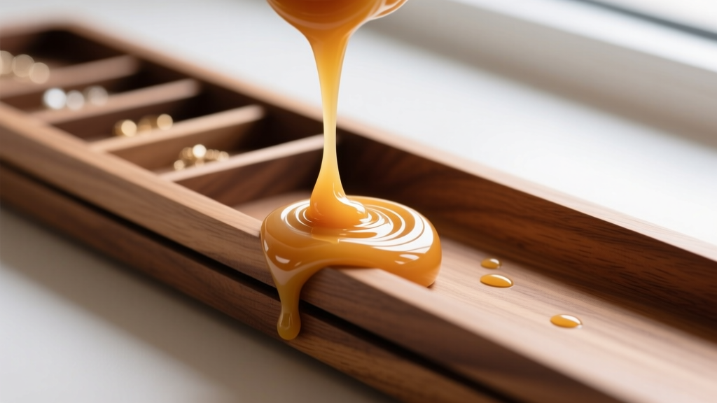 Macro shot of paraffin wax applied to the wooden side runner of a sticking stackable jewelry tray organizer drawer mechanism