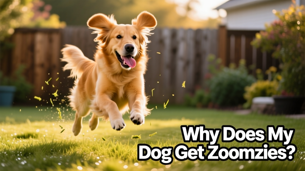 A happy dog mid-zoom, running with ears flapping and tongue out, on a grassy backyard