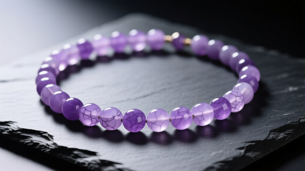 Purple jade bead necklace on dark slate, soft light highlighting translucent lavender gemstones and subtle natural stone textures.
