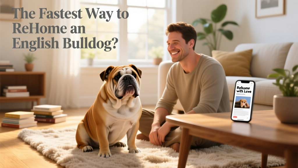 English Bulldog sitting calmly beside a smiling adult on a sunny living room floor