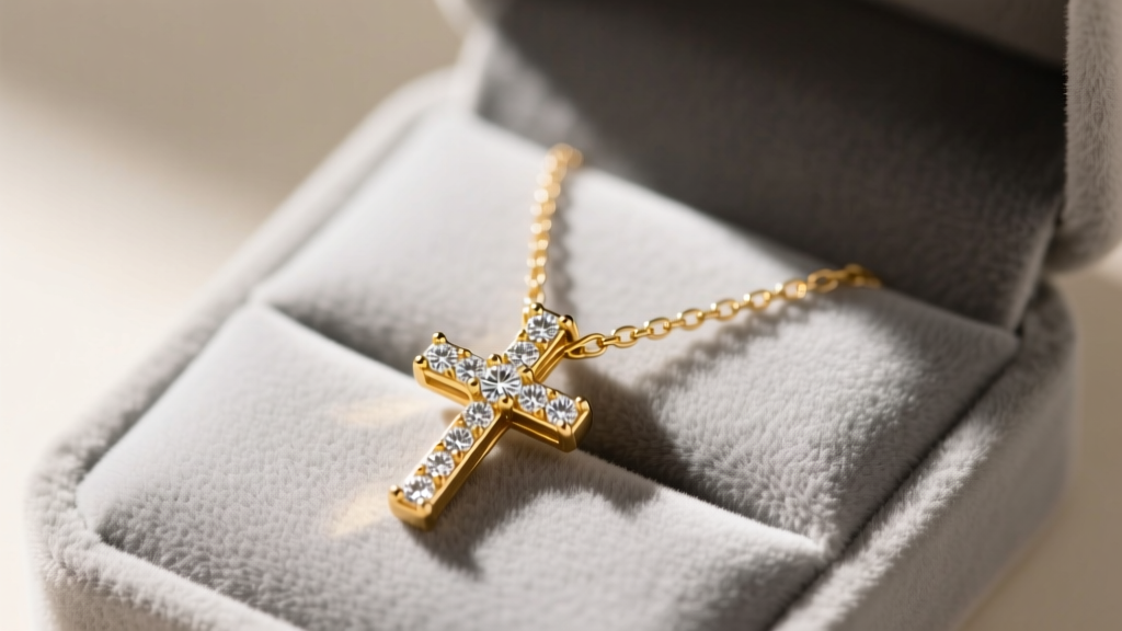 Delicate 14k yellow gold mini diamond cross necklace resting on a soft grey velvet jewelry display pad in bright natural light.
