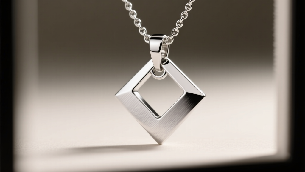 Macro shot of a sterling silver asymmetrical angle necklace pendant, showing the hidden bail mechanism and brushed matte texture.