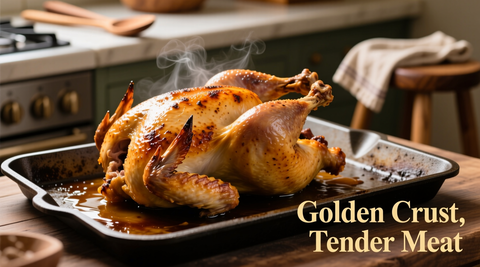 Oven roasted chicken with golden skin on baking sheet