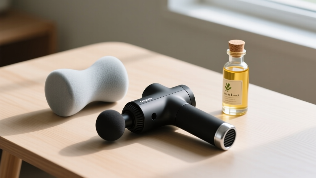 Soft foam dampener and air cushion massage gun attachments resting on a wooden table next to a bottle of organic oil