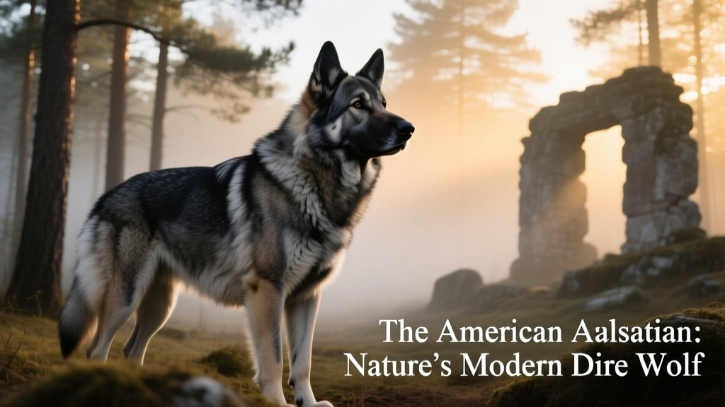 Adult American Alsatian standing calmly beside a natural backdrop, highlighting its wolf-like profile, thick coat, and confident posture