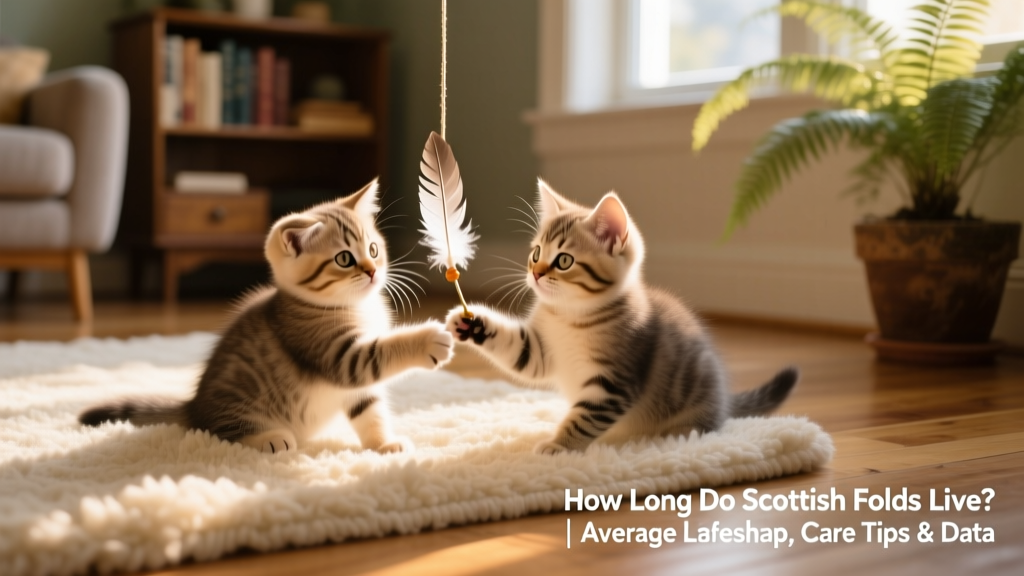 Two Scottish Fold kittens—one with folded ears, one with straight ears—playing gently together on a soft rug