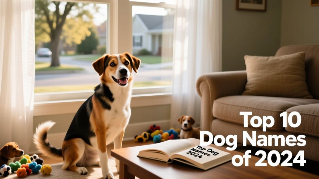 A joyful mixed-breed dog sitting beside a cozy living room window, bathed in soft natural light