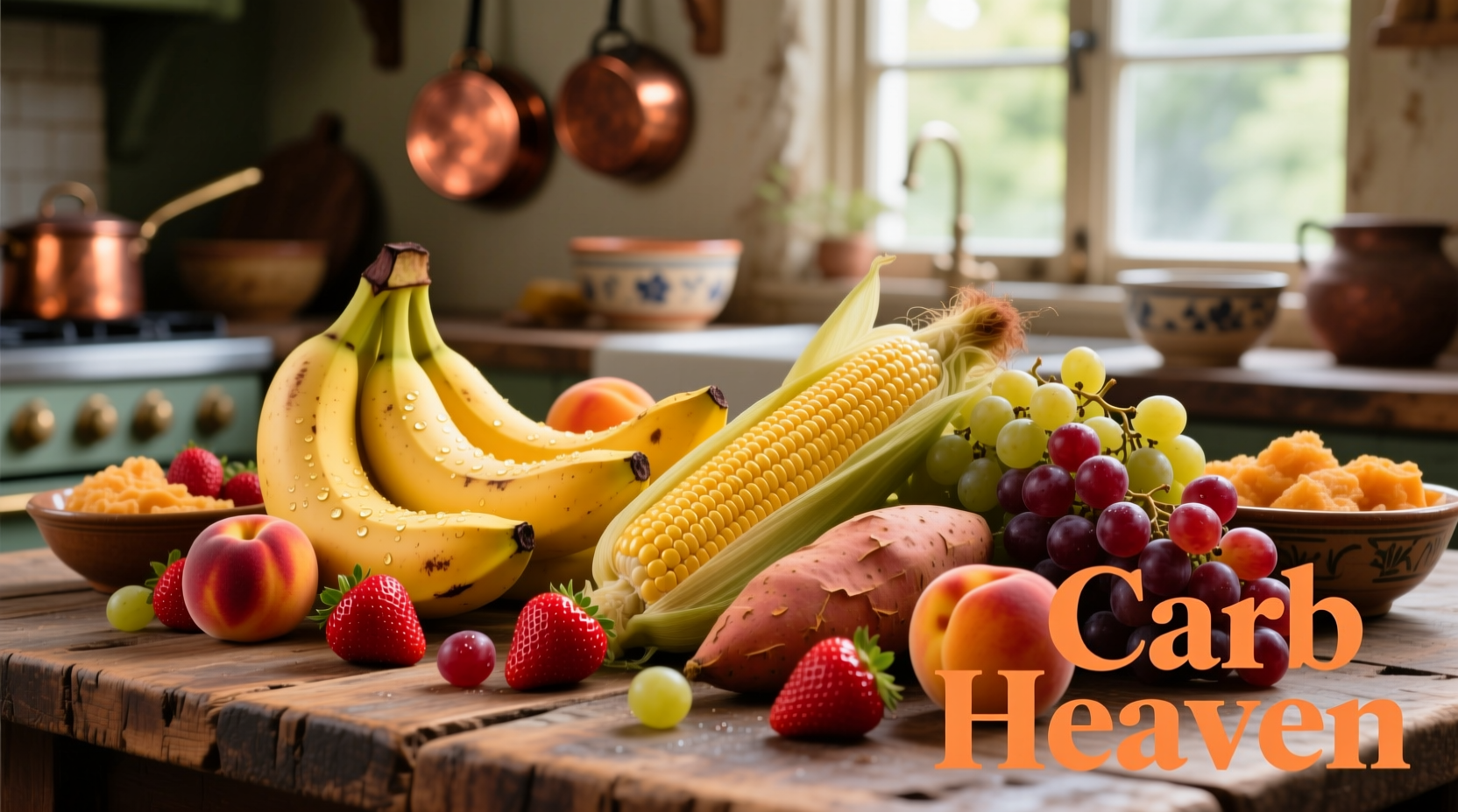 Colorful display of high-carbohydrate foods including fruits, grains, and vegetables