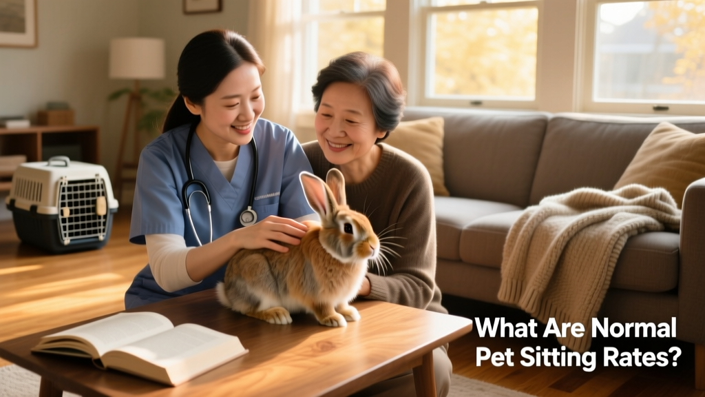 A veterinarian and family member gently interacting with a rabbit during a home pet sitting visit