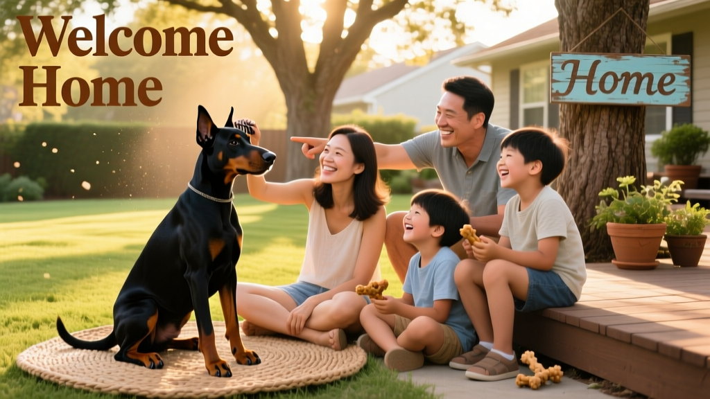 A calm, well-groomed Doberman Pinscher sitting beside a loving family in a sunlit backyard