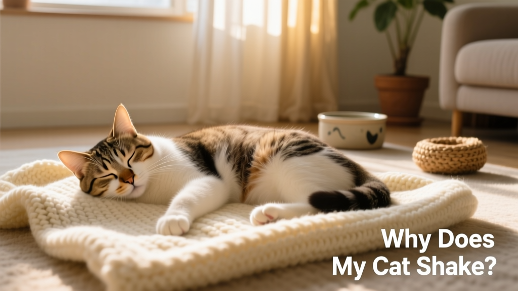 Calm indoor cat resting on a soft blanket, eyes closed, with relaxed posture and no visible tremors
