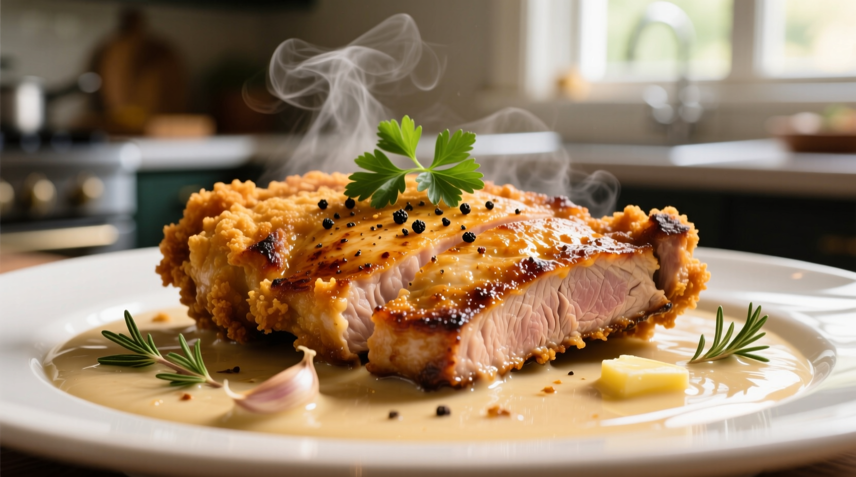 Golden chicken fried steak with creamy gravy