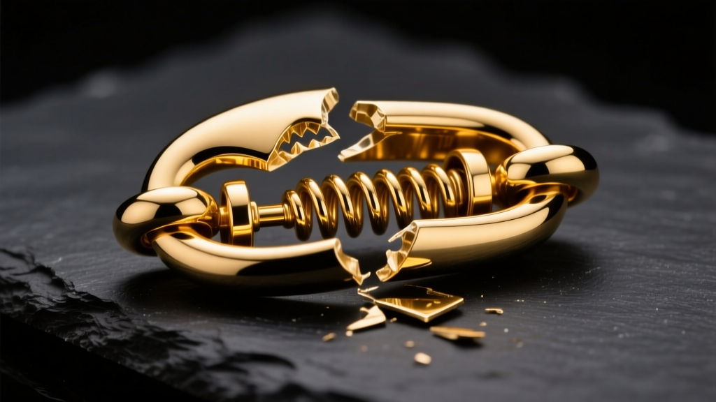 Macro shot of broken 14k gold lobster clasp with internal spring exposed, resting on dark slate under bright studio lighting