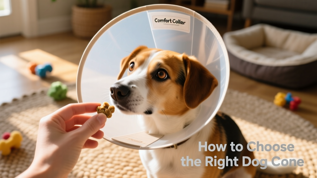 Close-up of a hand placing a treat near a dog's nose while the dog wears a lightweight inflatable cone