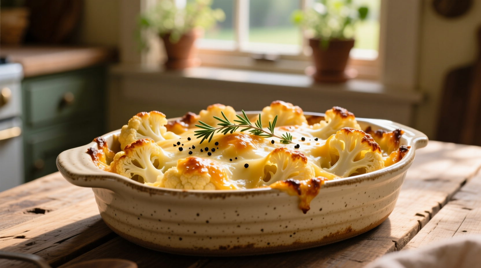 Golden baked cauliflower au gratin in ceramic dish