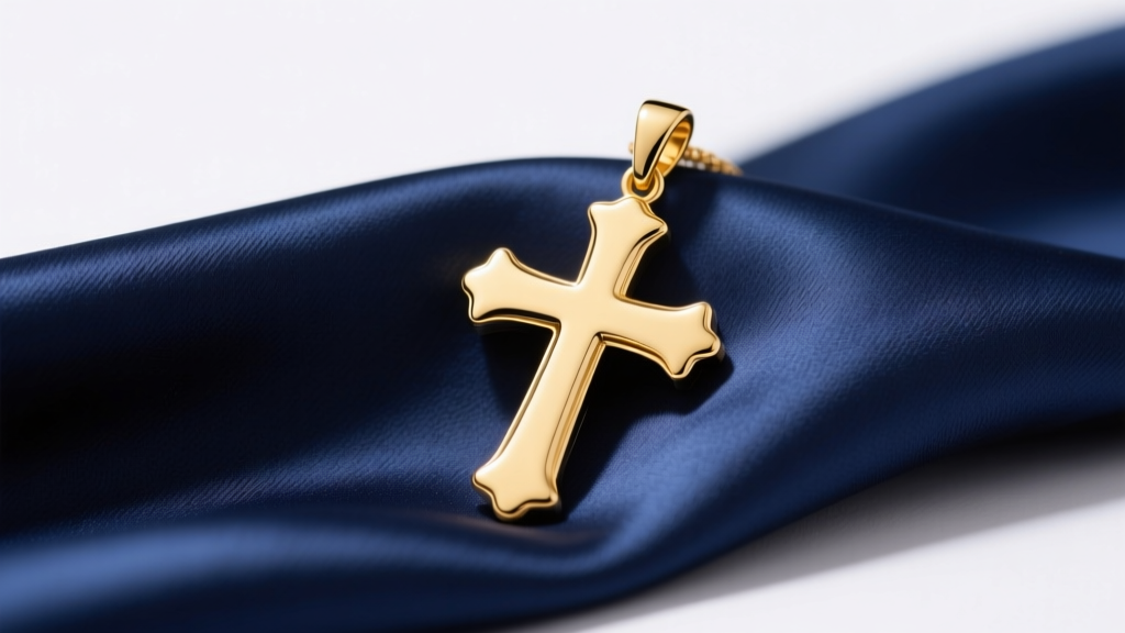 14k yellow gold Latin cross pendant resting on navy silk fabric, studio lighting highlighting the smooth beveled edges of the metal