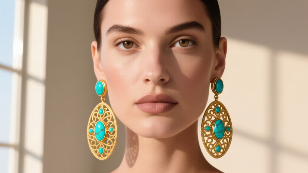 Model wearing oversized 14k gold and Kingman turquoise statement drop earrings against a soft neutral beige studio backdrop