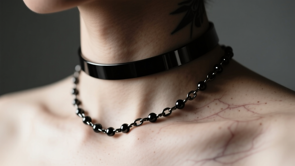 Close-up of a collarbone wearing a black PVD steel rosary chain and choker, mimicking a dark neck tattoo aesthetic in moody light.