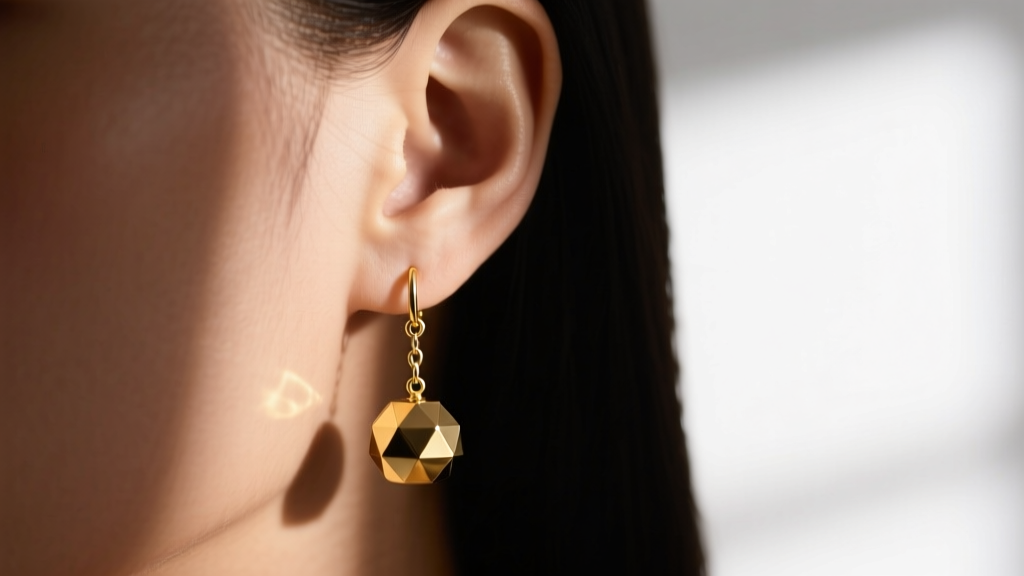 Close-up of a single 14-gauge gold drop earring in the left ear, lit by moody lighting on a model in an editorial photoshoot