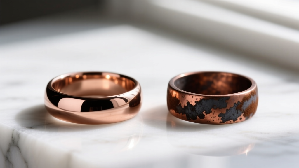 Side-by-side view of a polished copper ring and an oxidized copper ring with dark brown liver of sulfur patina on white marble