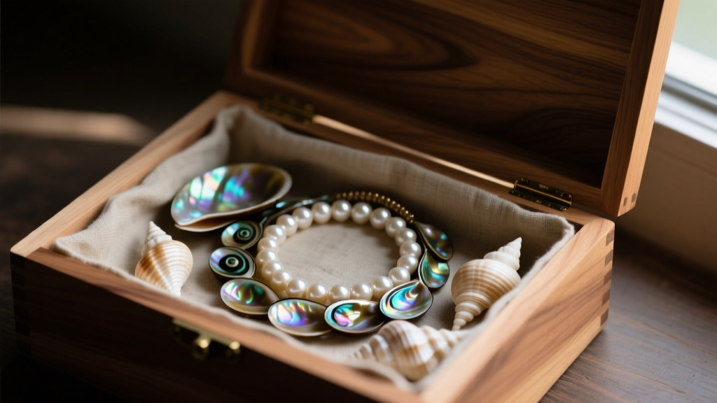 Open cedar box lined with raw cotton, holding coiled abalone and conch shell necklaces in dim, indirect, and soft ambient light.