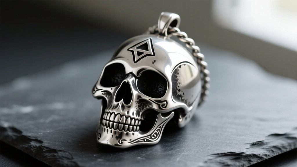 Antiqued sterling silver Zelda Wind Waker skull pendant on dark slate, highlighting blackened recesses and polished high-points