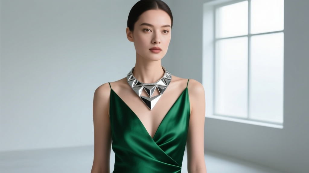 An elegant woman wearing a structured geometric silver collar necklace over a deep V-neck emerald green silk evening gown.