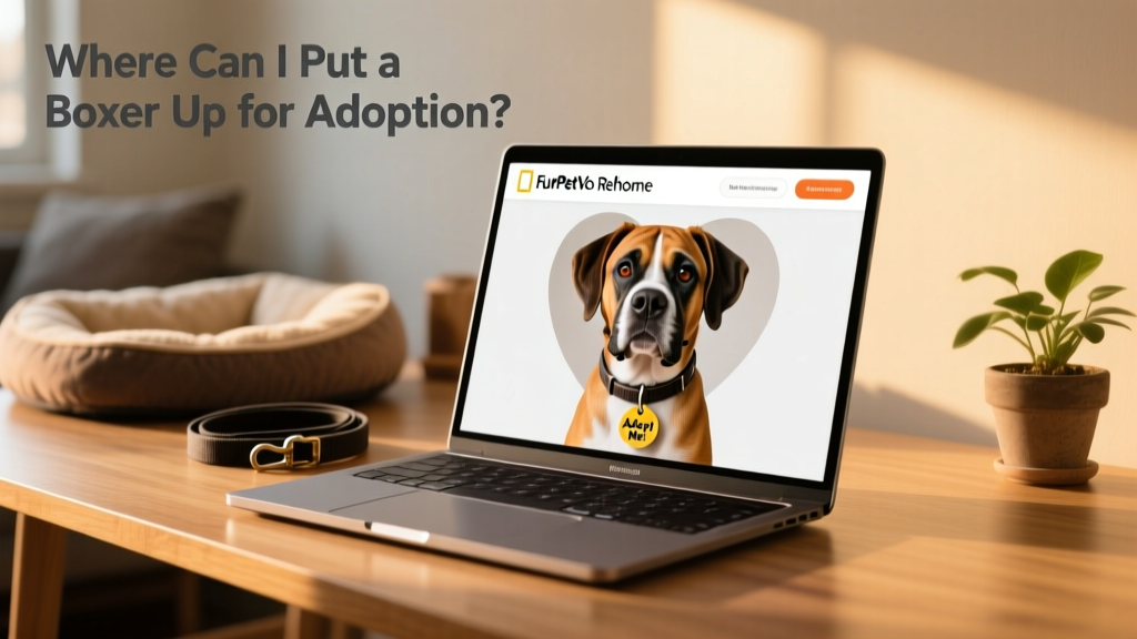 A laptop screen showing the FurPetVo Rehome dashboard with a Boxer's photo and 'Adopt Me!' banner