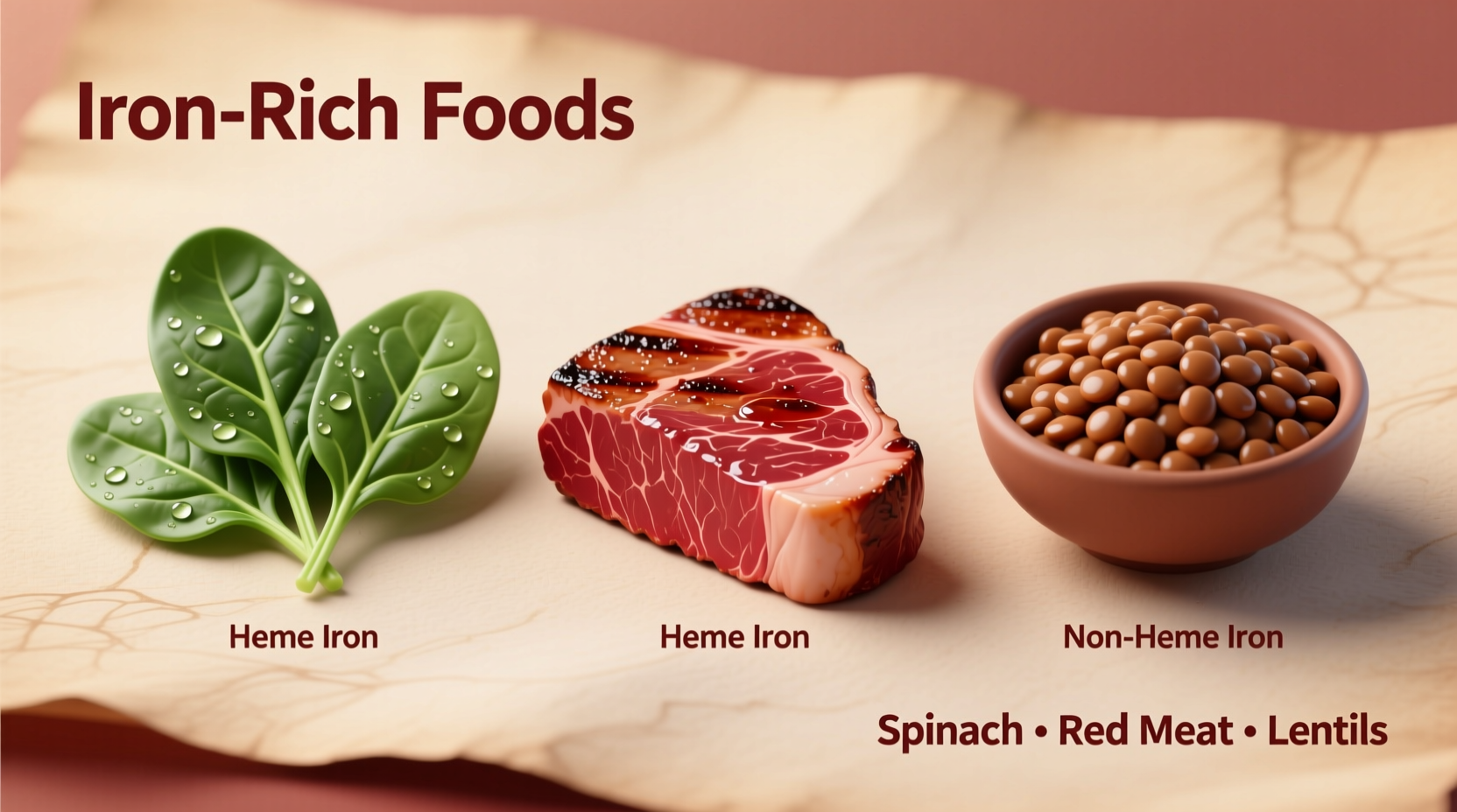 Iron-rich foods including spinach, red meat, and lentils