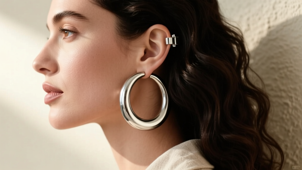 Side profile of a woman wearing large 60mm wide hoop earrings, highlighting the earlobe curvature and seamless hinged clasp fit.