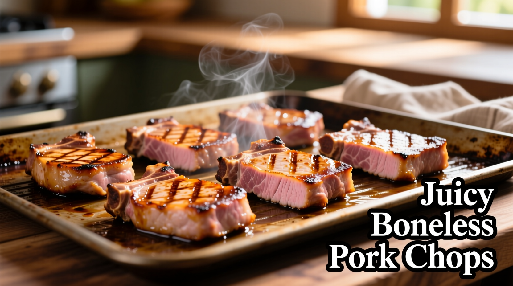 Juicy boneless pork chops on baking sheet