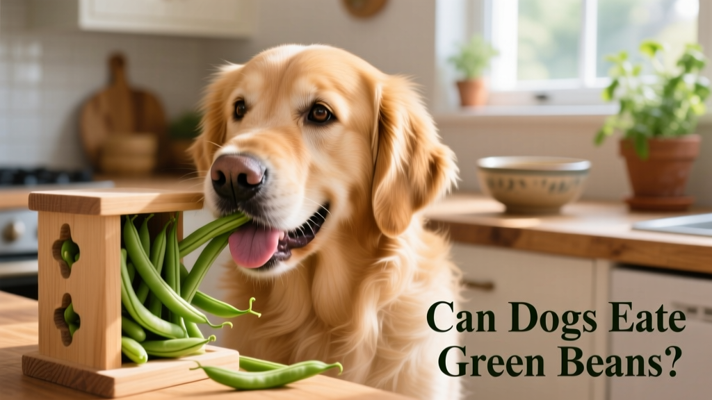 A dog happily eating raw green beans from a puzzle feeder
