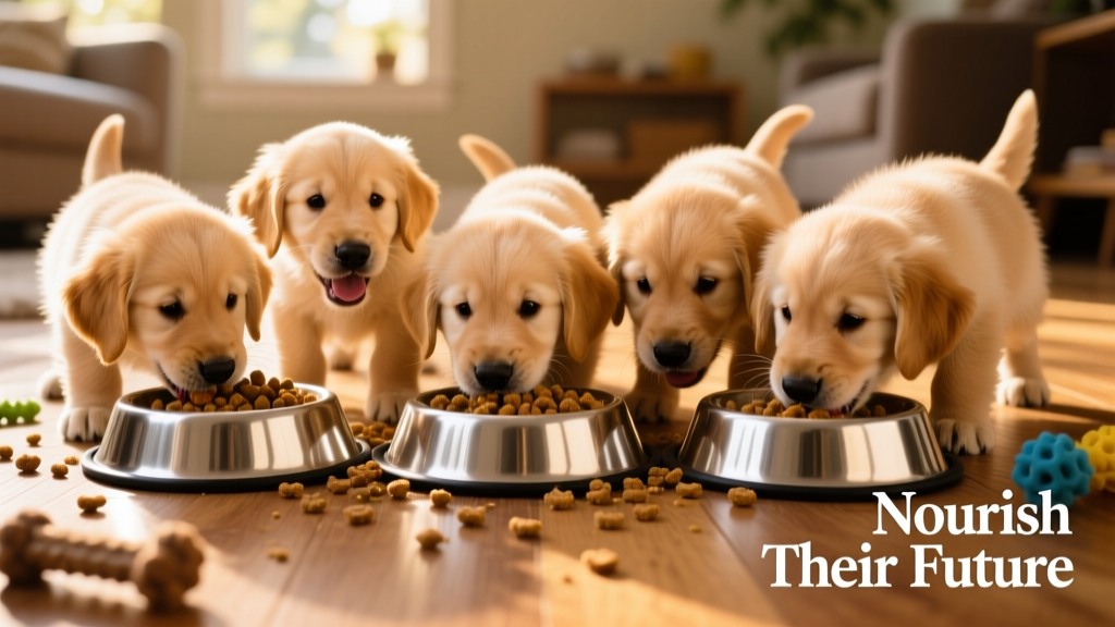 A group of Golden Retriever puppies messily eating puppy food out of silver dog bowls