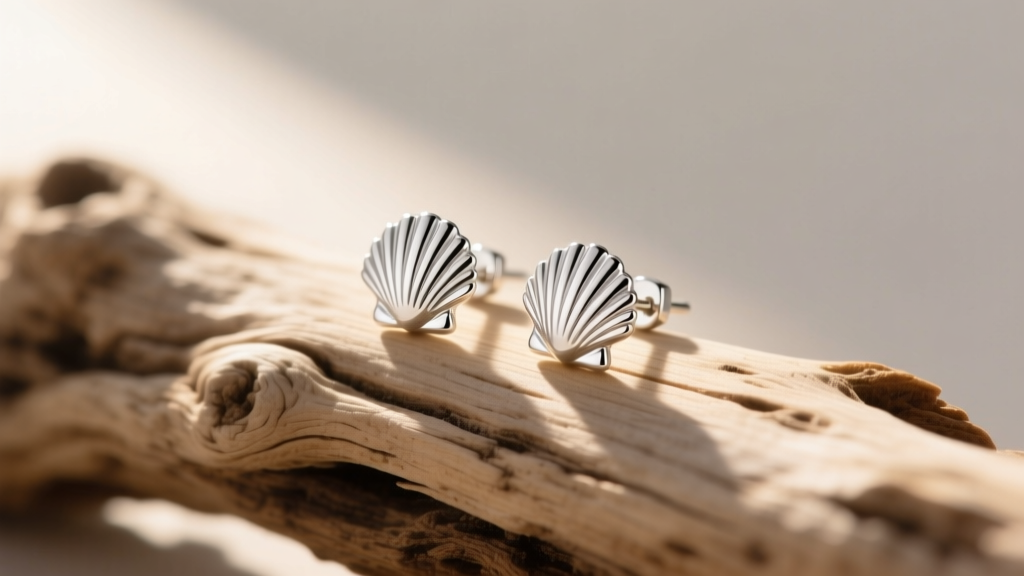 Close-up of delicate .925 sterling silver scallop shell stud earrings resting on weathered driftwood in soft morning light