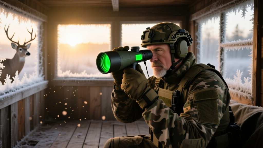 Hunter in camouflage examining a glowing thermal imaging monocular in a dimly lit deer blind at dawn with frost on the windows