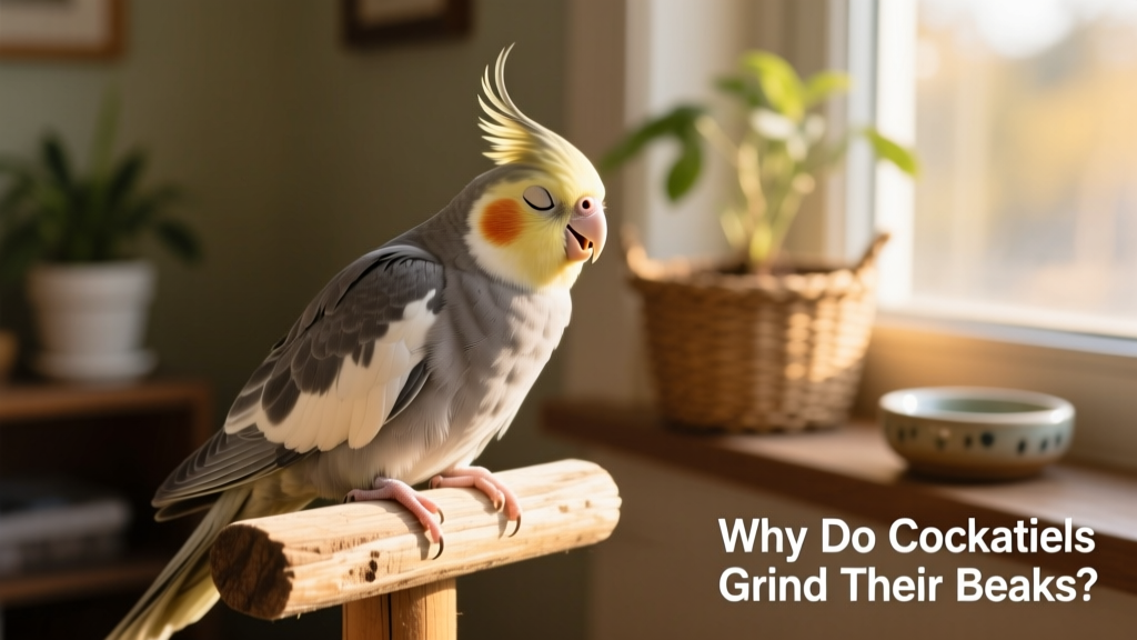 A calm, young male cockatiel resting on a perch, eyes half-closed, beak slightly open as if gently grinding