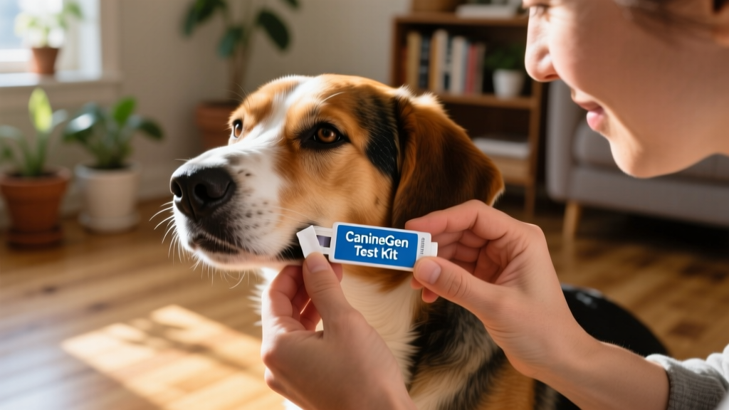 Close-up of a person gently swabbing a dog's cheek with a DNA collection kit