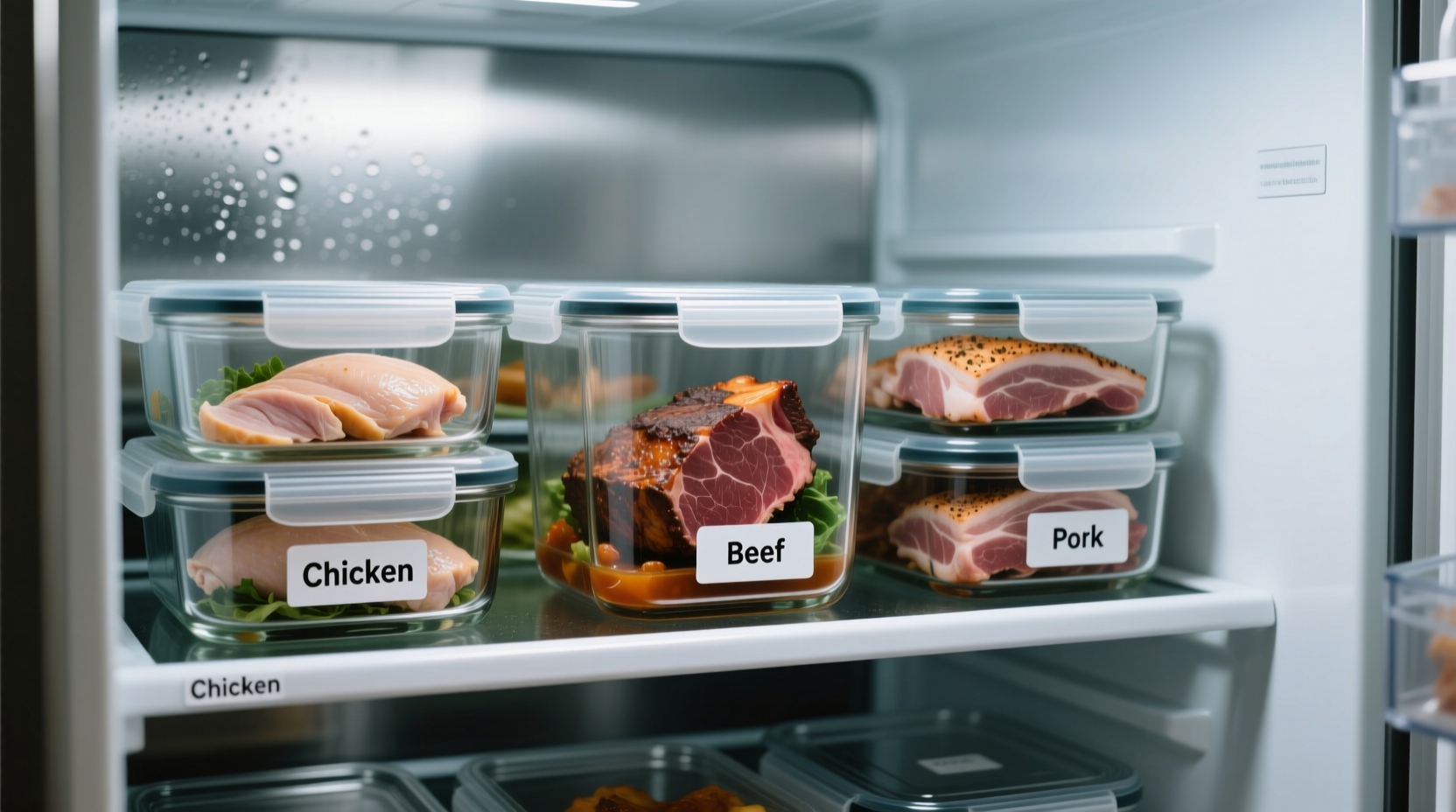 Properly stored cooked meat in glass containers in refrigerator