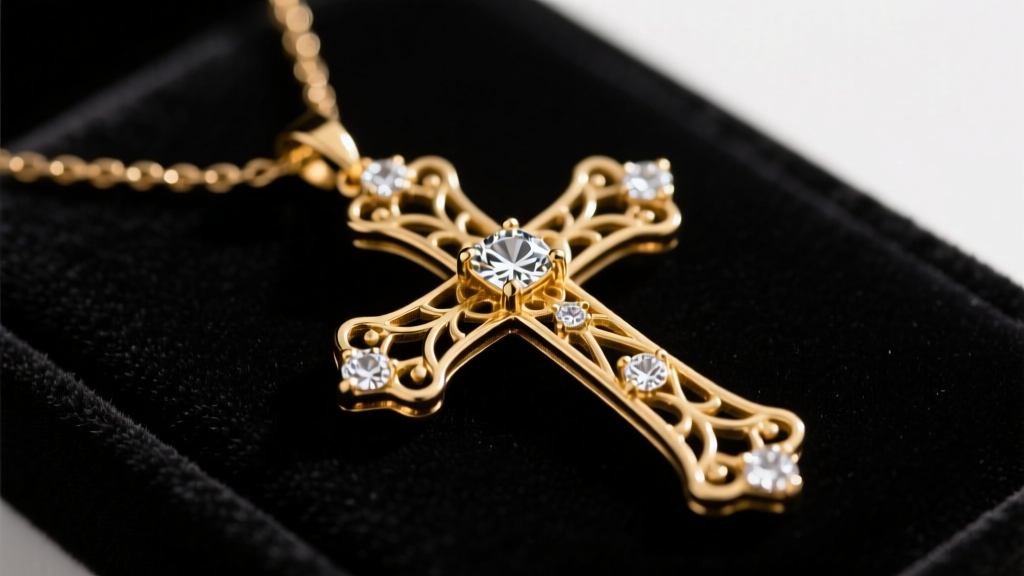 Gold-plated brass costume cross necklace on black velvet, showing filigree details and clear cubic zirconia accents in soft light.