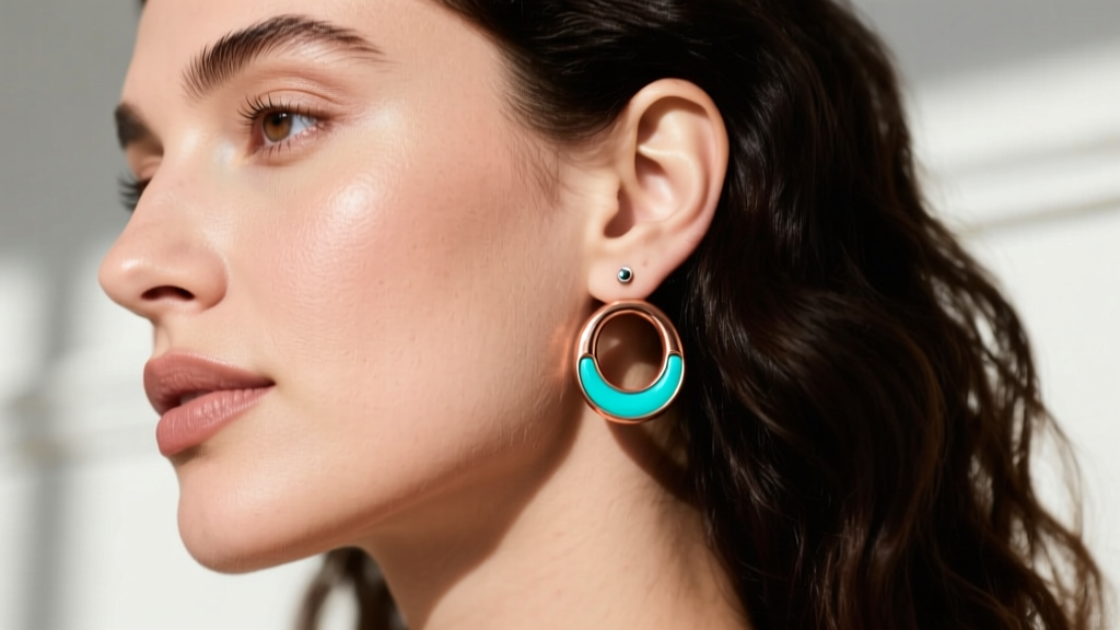 Woman wearing a lightweight 20-gauge copper turquoise huggie hoop, showing the secure fit on a standard healed lobe piercing.