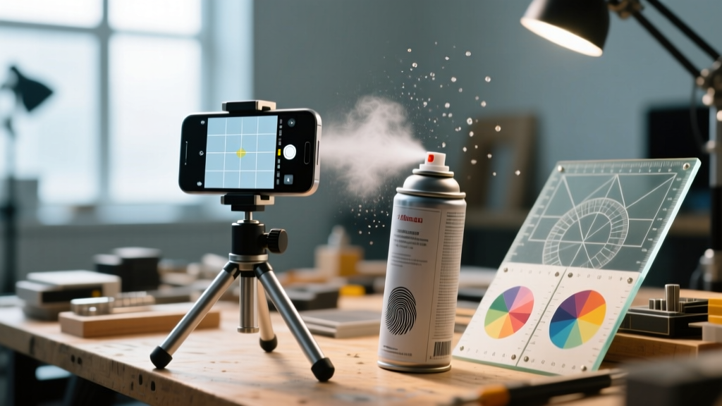 A messy workbench featuring 3D scanning matte spray, calibration boards, and a smartphone clamped to a tripod for miniature digitization.