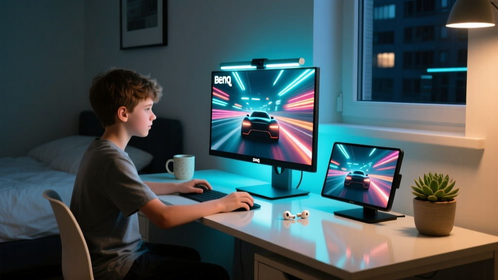 Teenager sitting at a modern desk at night, adjusting a BenQ monitor light bar while a portable gaming monitor displays a vibrant racing game