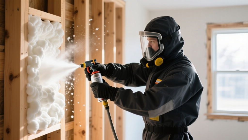 Professional installer in full PPE suit applying expanding closed-cell spray foam insulation materials into an open wood-framed wall cavity