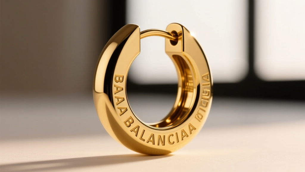 Extreme close-up of a gold-plated Balenciaga hoop earring clasp, highlighting the crisp, deep laser-engraved brand hallmark.